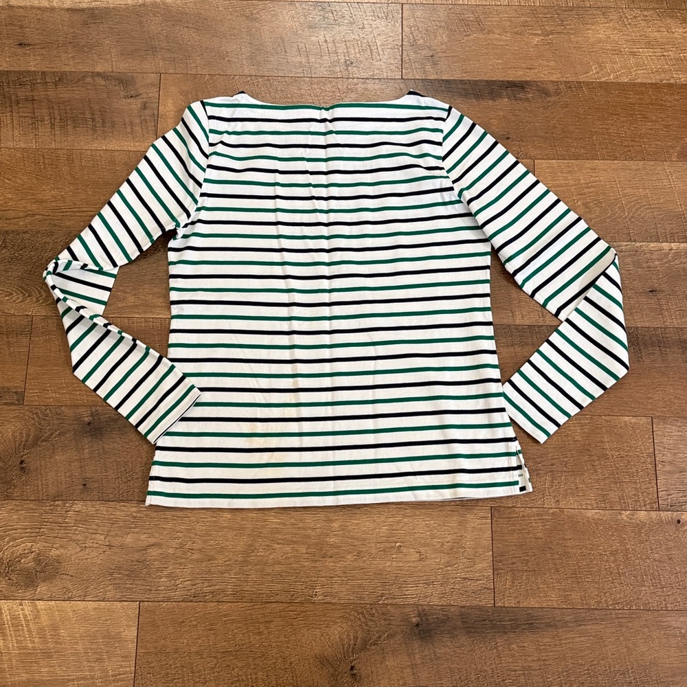 J. Crew Boat Neck White Top with Green & Black Stripes - Long Sleeve - Picture 4 of 6